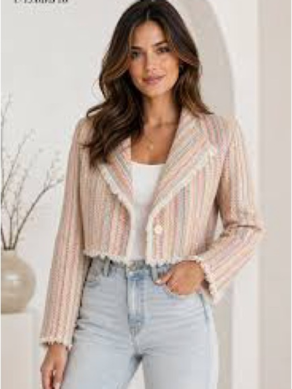 Something Navy Cropped Striped Tweed Blazer in Blush & Cream